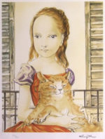 藤田嗣治「窓の前の少女と猫」リトグラフ33×26cm
