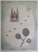 南桂子「街と6羽の飛ぶ鳥」銅版画 38×28.3cm