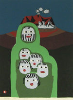 畦地梅太郎「家族」木版画38.8×29cm