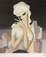 東郷青児「郊外の街」版画40.9×34.6cm