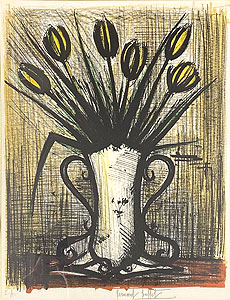 ベルナール・ビュッフェ「黄色いチューリップの花瓶」版画 1960年