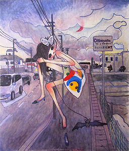 タカノ綾「夜の散歩「ピンクの月が現れる」」オフセットポスター 2005年