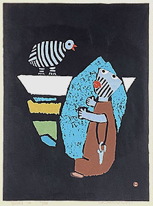 畦地梅太郎「鳥とかたる」木版画 1968年