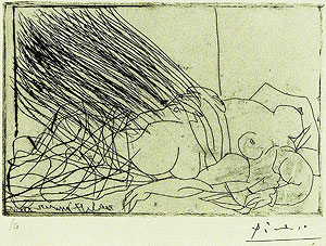 パブロ・ピカソ「横たわる裸婦：LA CAISSE A REMORDS」銅版画 1934年