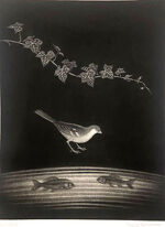 長谷川潔「小鳥と魚の友愛」銅版画 1964年