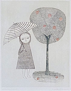 南桂子「傘を持つ少女」エッチング・リトグラフ 1965年