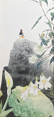 田中一村「ユリと岩上のアカヒゲ」版画