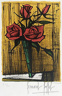 ベルナール・ビュッフェ「花瓶の中のバラ」版画 1979年