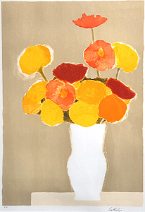ベルナール・カトラン「白い花瓶の百日草とインドバラ」版画 1985年