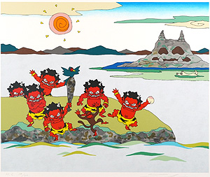 瀧下和之「桃太郎図　鬼ヶ島で鬼退治。」版画 2019年