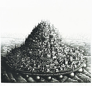 川原田徹「帽子みたいな形の移動式かぼちゃ浄土」銅版画 1978年