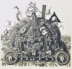 川原田徹「貧乏人の移動式かぼちゃ浄土(II)」銅版画 1986年