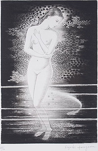 長谷川潔「水浴の少女と魚」銅版画 1971年